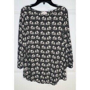Pixley Womens Size Small Elephant Print Pullover Blouse 3/4 Cuffed Tab Sleeves